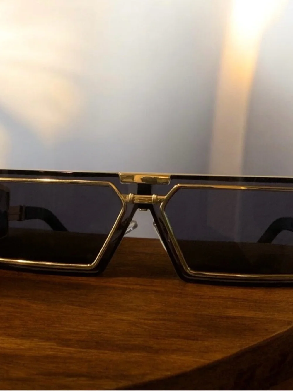 Gold and Black Rectangular Men's Sunglasses with Decorative Side Emblem